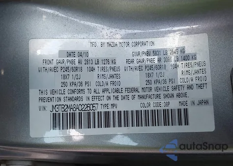 2010 Mazda Cx-9 Touring z USA, uszkodzony, nr VIN JM3TB2MA8A0226057